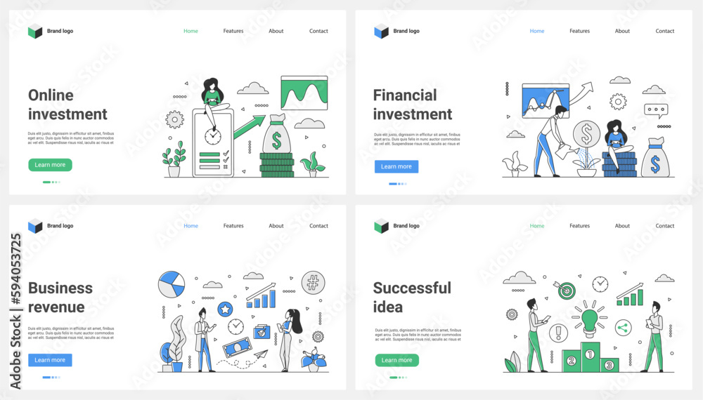 Online financial investment, success idea, passive income set vector illustration. Cartoon tiny people work on revenue growth, invest in successful project, watering cash money tree for profit