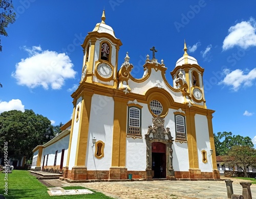 Saint Anthony's Main Church - Illuminated church tower against the blue sky in historic city of Tiradentes, Minas Gerais, Brazil.