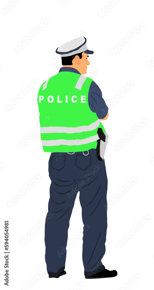 Traffic policeman officer on duty vector illustration isolated on white background. Police man in uniform. Security service member protect people. Law and order street patrol cop. Man observe crowd Traffic policeman officer on duty vector illustration isolated on white background. Police man in uniform. Security service member protect people. Law and order street patrol cop. Man observe crowd