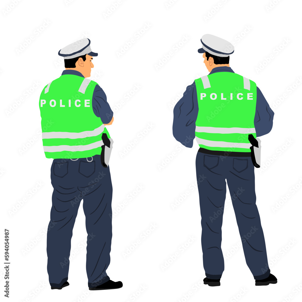 Traffic policeman officers unit on duty vector illustration isolated on white. Police man in uniform. Security service protect people. Law and order street patrol cop couple. Man observe crowd. Traffic policeman officers unit on duty vector illustration isolated on white. Police man in uniform. Security service protect people. Law and order street patrol cop couple. Man observe crowd.