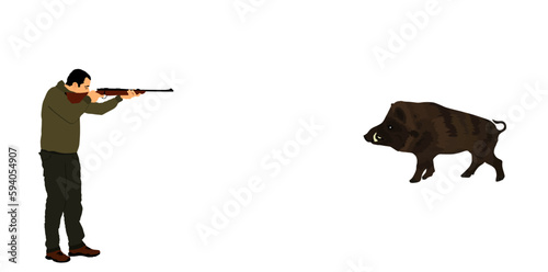 Aiming hunter man with shotgun rifle shooting wild boar vector illustration isolated on white background. Outdoor hobby  hunting male hog. Shooter kill animal outdoor sport hobby. Male primal instinct