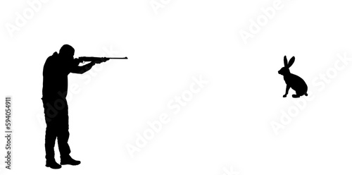 Aiming hunter man with shotgun rifle shooting rabbit vector silhouette illustration isolated on white. Outdoor hobby  hunting male hare. Shooter kill animal outdoor sport hobby. Male primal instinct.