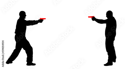 Public crime scene gunfight battle. Man with gun shooting in opponent vector silhouette illustration. Conflict duel situation handgun fire. Police secret agent shutting mafia member. policeman arrest.