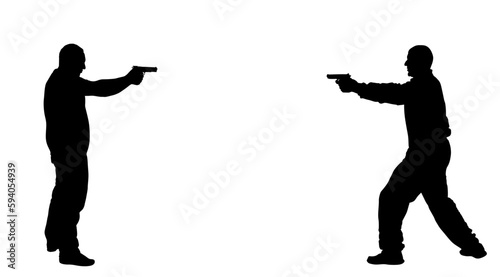 Public crime scene gunfight battle. Man with gun shooting in opponent vector silhouette illustration. Conflict duel situation handgun fire. Police secret agent shutting mafia member. policeman arrest.