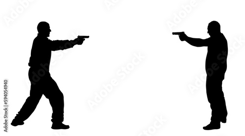 Public crime scene gunfight battle. Man with gun shooting in opponent vector silhouette illustration. Conflict duel situation handgun fire. Police secret agent shutting mafia member. policeman arrest.