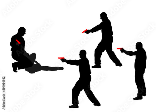 Policeman officers unit arrest and disarms criminal man with gun vector silhouette illustration isolated on white. Police man security service protect people. Law and order street patrol cops on duty.