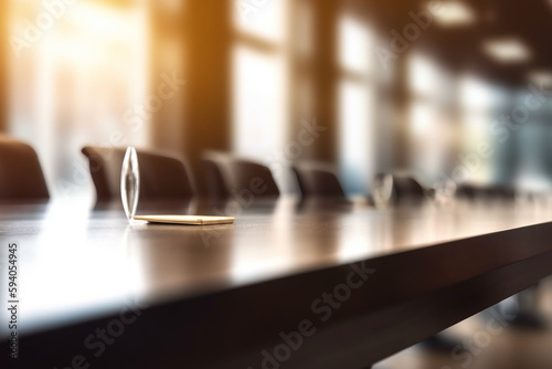 An abstract close-up of a conference room table with blurred bokeh lights in the background - business concept, bokeh Generative AI