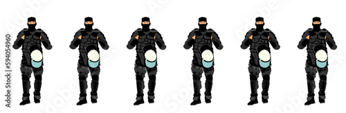 Special police unit SWAT team officer vector illustration isolated white. Team work force policeman. Gendarme anti terrorism squad. Soldier against demonstration, trellis row of public law and order.