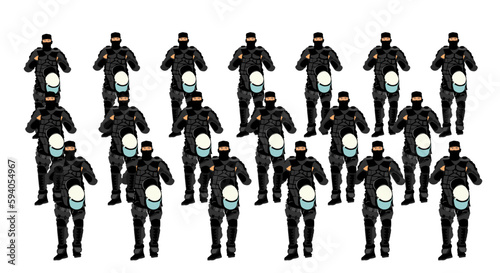 Special police unit SWAT team officer vector illustration isolated white. Team work force policeman. Gendarme anti terrorism squad. Soldier against demonstration, trellis row of public law and order.