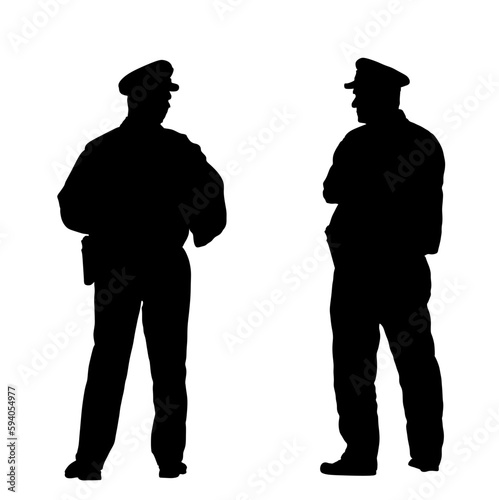 Policeman officers unit on duty vector silhouette illustration isolated on white. Police man in uniform. Security service protect people. Law and order street patrol cop couple. Man observe crowd.