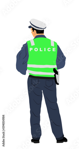 Traffic policeman officer on duty vector illustration isolated on white background. Police man in uniform. Security service member protect people. Law and order street patrol cop. Man observe crowd