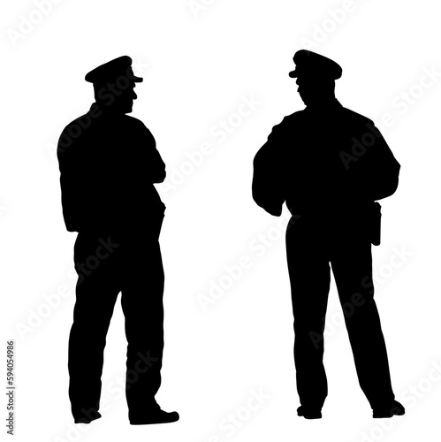 Policeman officers unit on duty vector silhouette illustration isolated on white. Police man in uniform. Security service protect people. Law and order street patrol cop couple. Man observe crowd.