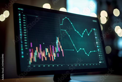 A close-up of a financial chart on a computer screen with bokeh lights in the background, representing business analytics - business concept, bokeh Generative AI © Катерина Євтехова