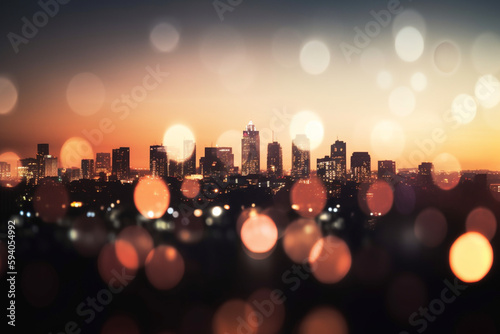 A blurred bokeh background with a silhouette of a city skyline, signifying urban business - business concept, bokeh Generative AI
