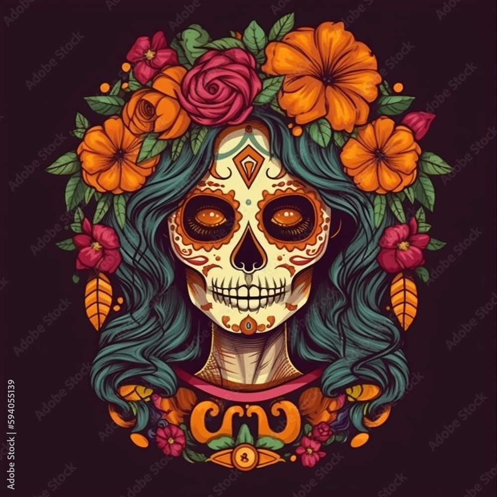 Painted colorful Cinco de Mayo skulls in a vibrant Mexican style with a bouquet of traditional flowers. Generative AI technology. Painted colorful Cinco de Mayo skulls in a vibrant Mexican style with a bouquet of traditional flowers. Generative AI technology.