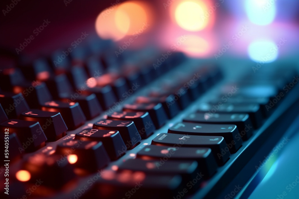 A close-up of a computer keyboard with bokeh lights in the background, symbolizing technology in business - business concept, bokeh Generative AI