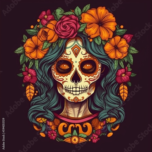 Painted colorful Cinco de Mayo skulls in a vibrant Mexican style with a bouquet of traditional flowers. Generative AI technology.