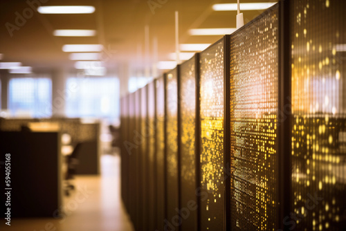 A series of office cubicles with blurred bokeh lights in the background  representing a busy corporate setting - business concept  bokeh Generative AI