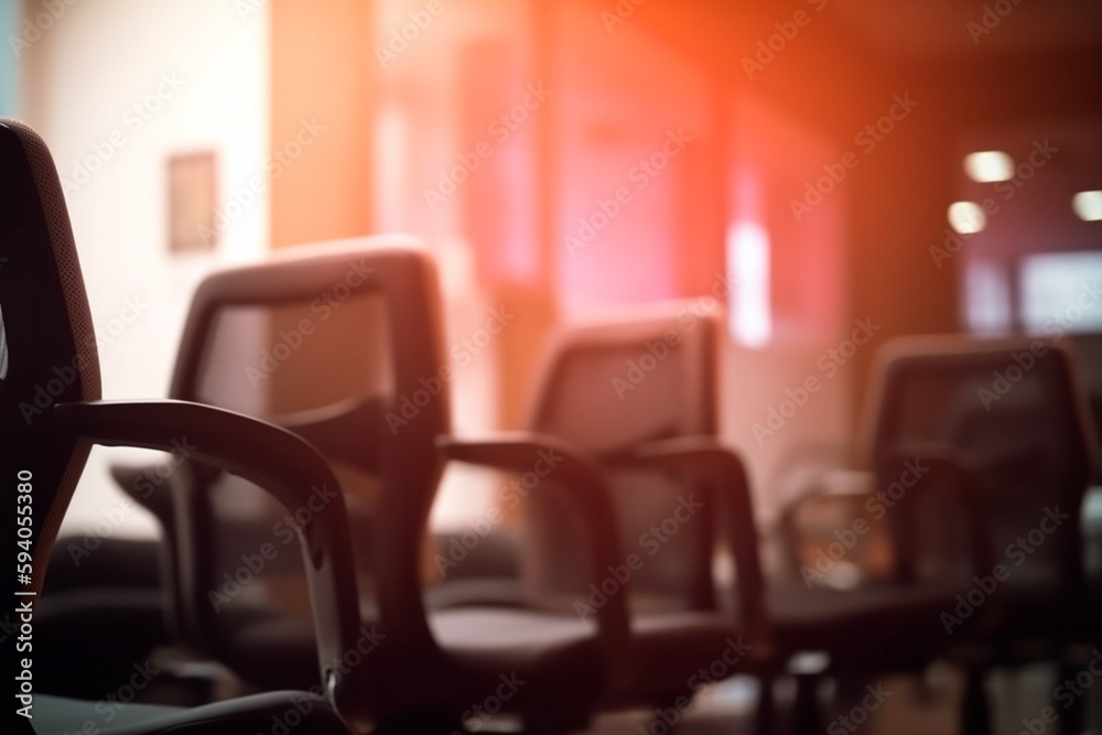 A series of office chairs and desks with blurred bokeh lights, portraying a professional work environment - business concept, bokeh Generative AI A series of office chairs and desks with blurred bokeh lights, portraying a professional work environment - business concept, bokeh Generative AI