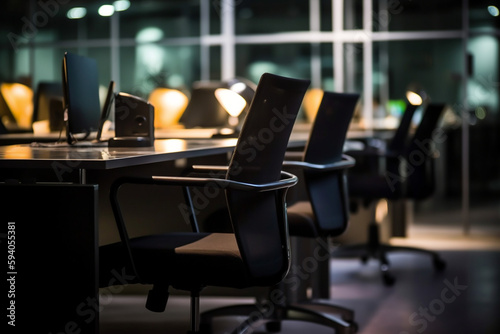 A series of office chairs and desks with blurred bokeh lights, portraying a professional work environment - business concept, bokeh Generative AI