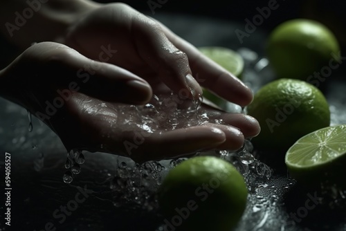 Hands of woman washing ripe limes under faucet in the sink kitchen. made with generative AI
