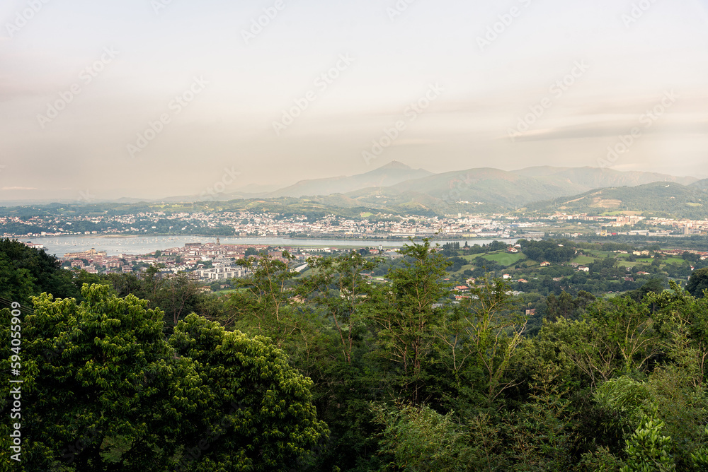 Panoramic top view of two countries, the town of Hondarribia in Spain and Hendaye in France separated by the Bidasoa river as a border, Basque Country, Hondarribia, Guipuzcoa, Basque Country, Spain