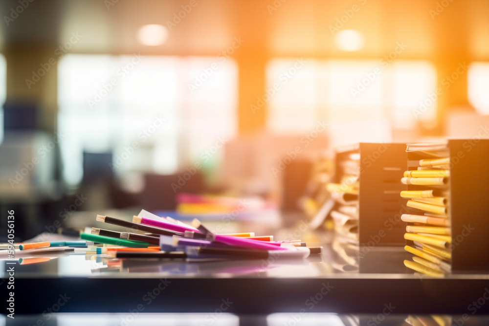 Εκτύπωση καμβά A blurred bokeh background with a focus on a stockpile of office supplies, showc