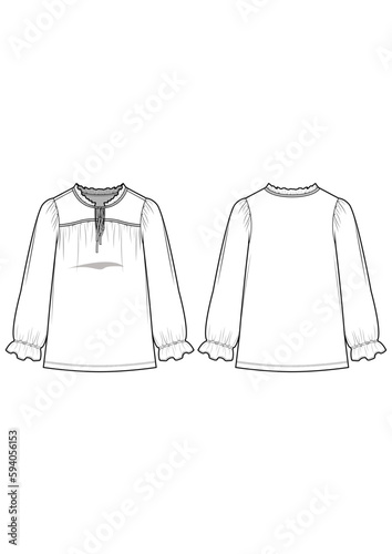 Womenswear ruffle neckline tie and ruffle shirring gathering ruching detail yoke top blouse technical drawing / flat sketch /CAD / ADOBE Illustrator vector digital download