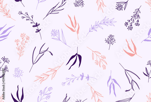 Seamless floral pattern with one line flowers. Vector hand drawn illustration.