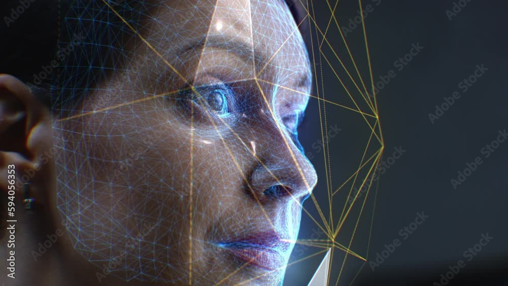 Close up face portrait of adult caucasian woman with focused look. 3D animation of human futuristic AI biometric facial recognition system. Neural network. Privacy and modern scanning technology.