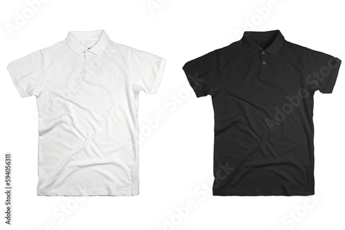 Polo shirt. Clothing for women and men. Set of black and white unisex polo shirts. Pattern shirts, t-shirts for sewing or advertising. 3d rendering.