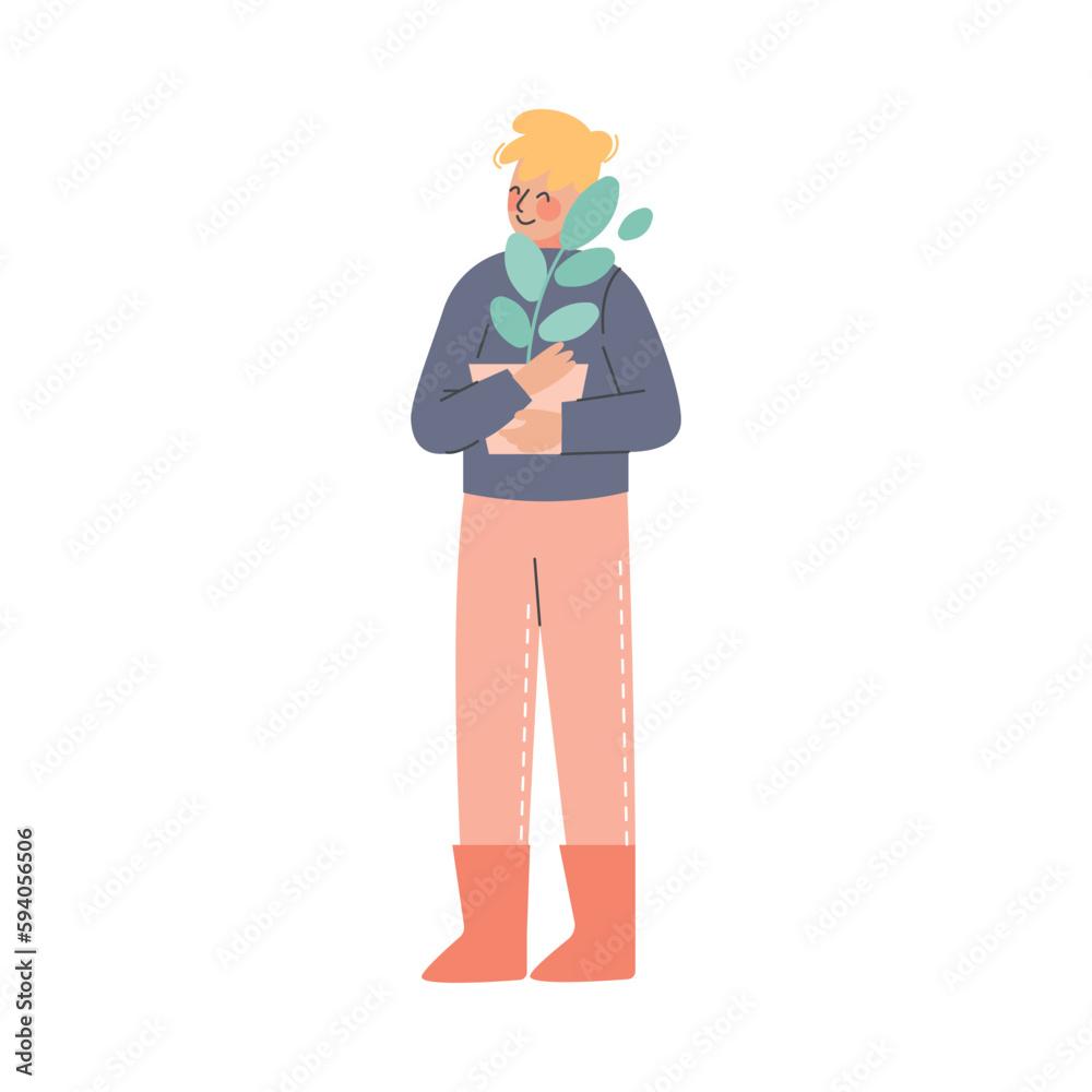 Man Character at Greenhouse Standing Embracing Pot with Growing Flower Vector Illustration