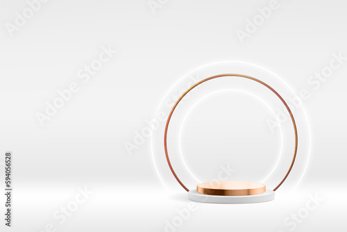 Copper podium 3d on white background. Product display stage with luxury thin metal ring and neon round lights.