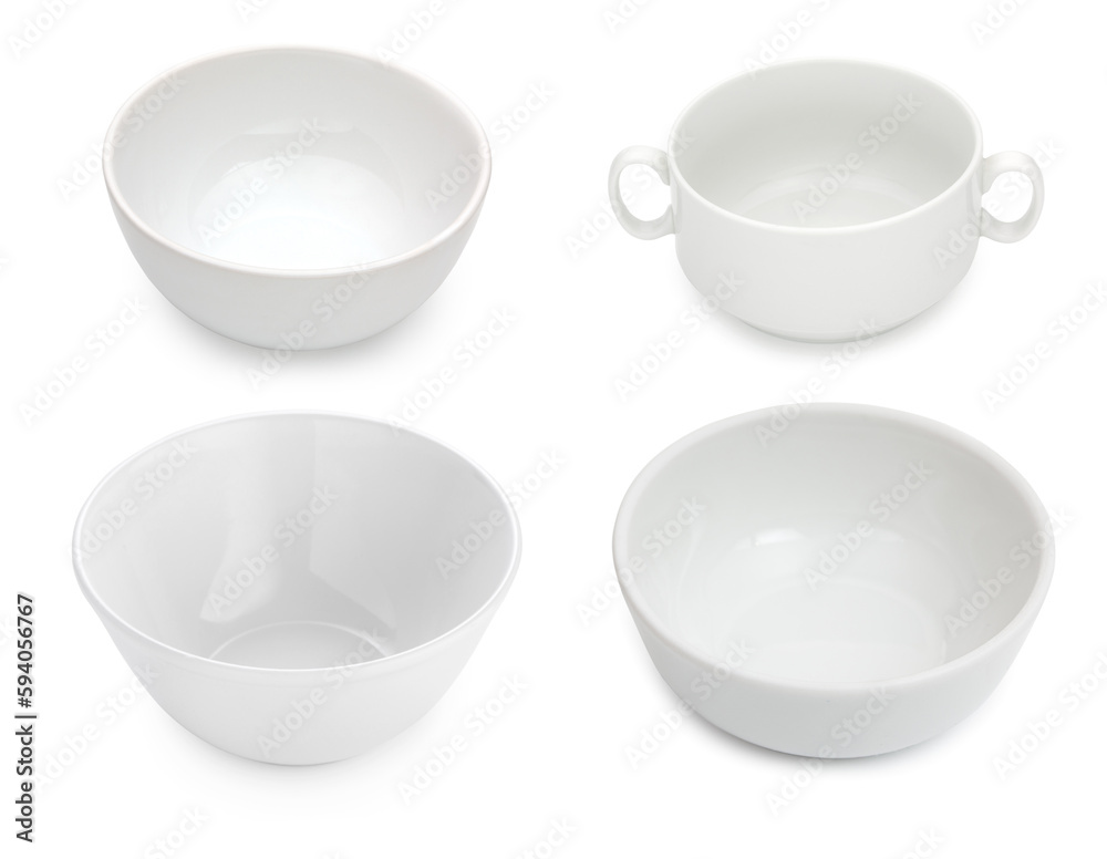 Foto Set of four porcelain soup or salad bowls, tureen isolated on a white background