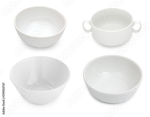 Set of four porcelain soup or salad bowls, tureen isolated on a white background photo