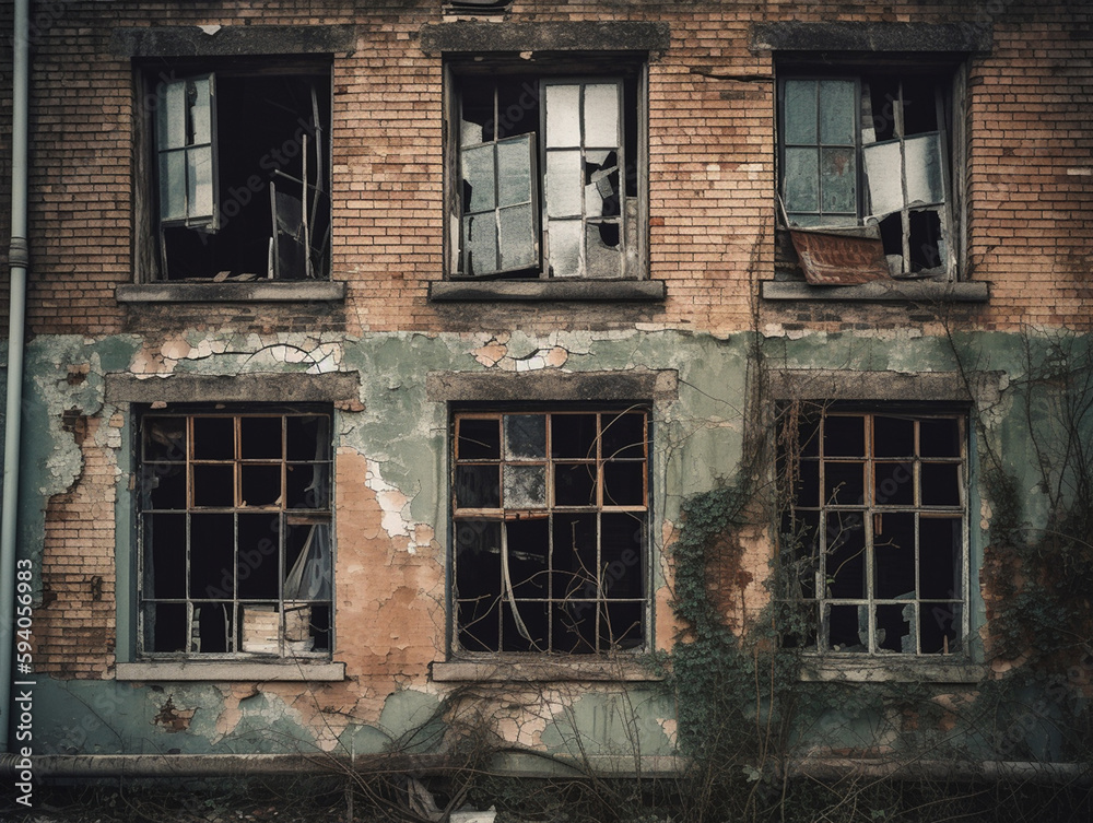 abandoned building with broken windows and peeling paint, ai generative abandoned building with broken windows and peeling paint, ai generative
