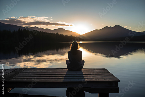 Uma mulher sentada em uma doca observando o pôr do sol sobre uma cordilheira ao longe com um lago em primeiro plano e montanhas ao fundo photo
