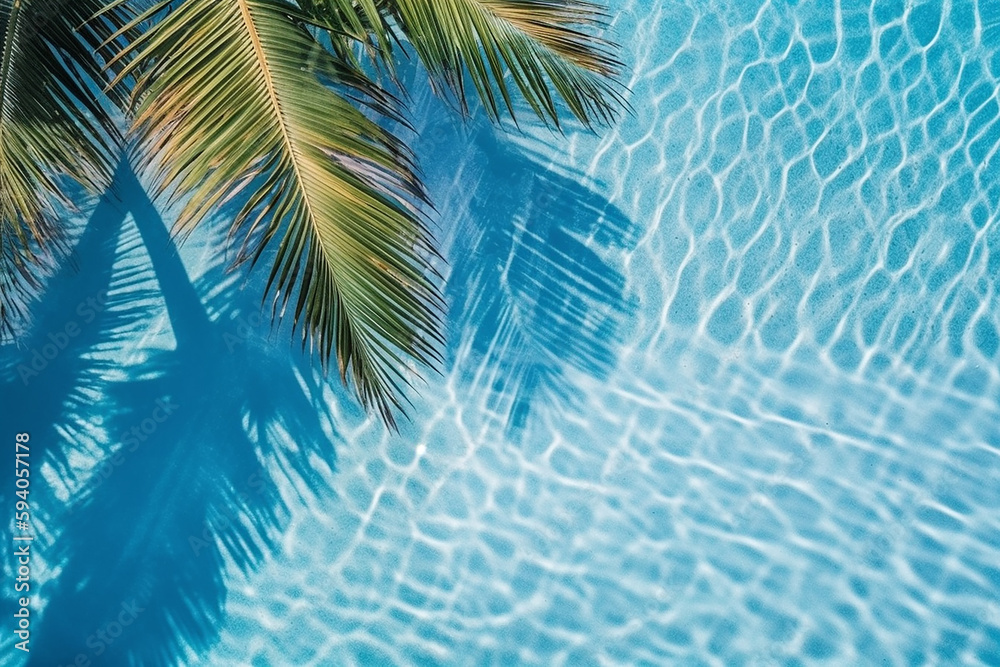 Ondas do Aqua e sombra de coqueiro no fundo azul. Vista superior da textura da piscina de água. Projeto de maquete de verão tropical. férias de luxo Ondas do Aqua e sombra de coqueiro no fundo azul. Vista superior da textura da piscina de água. Projeto de maquete de verão tropical. férias de luxo