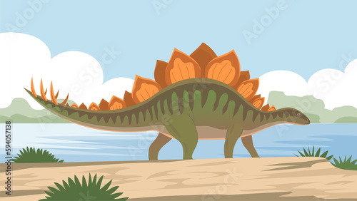Stegosaurus with spikes on the tail. Herbivorous dinosaur of the Jurassic period. Prehistoric wildlife landscape. Cartoon vector illustration