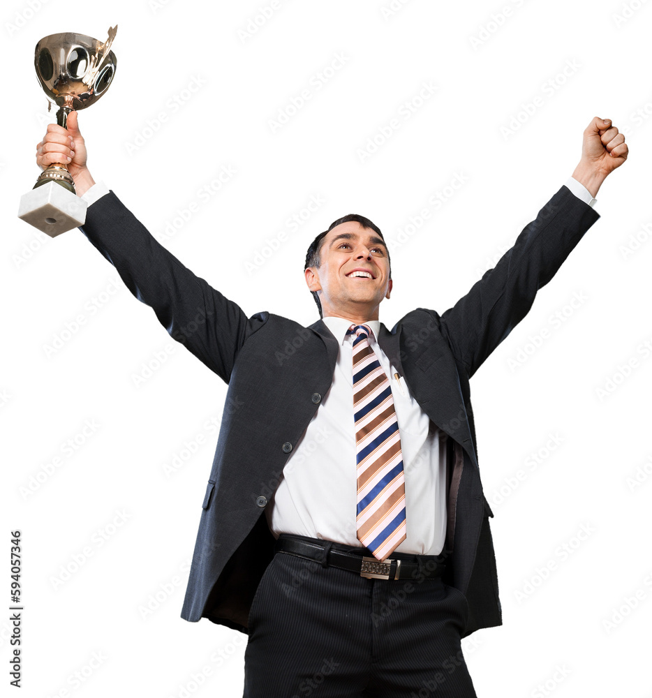 Businessman Holding a Trophy and Celebrating - Isolated