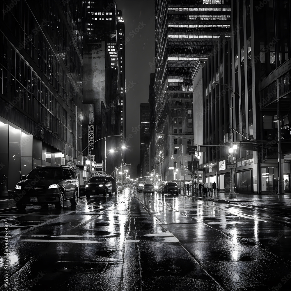 moody black and white cityscape of a rainy night in New York City