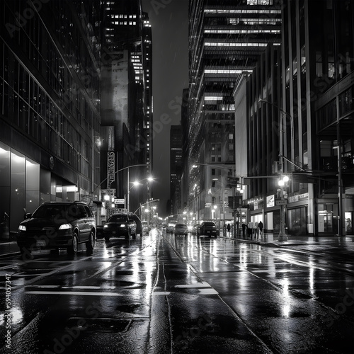 moody black and white cityscape of a rainy night in New York City