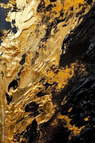 Parede de pintura em tela de borrão de óleo de arte e mancha acrílica. Textura abstrata ouro e pincelada de mancha de cor preta