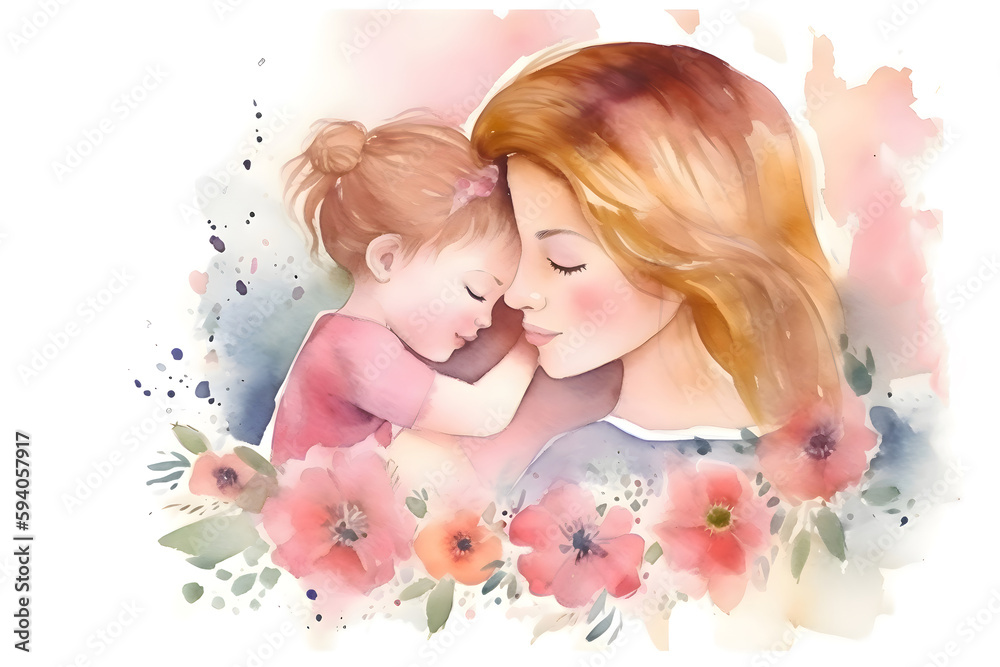 Illustration of a mother with a child and flowers, watercolor, Mother's Day, Generative AI