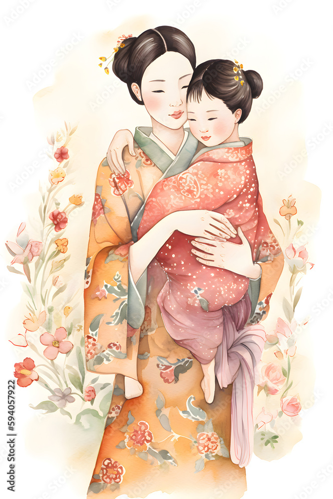 Japanese mother with daughter and flowers around, watercolor, Mother's Day, Generative AI 1