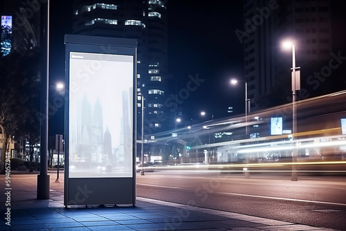 Cartaz de outdoor digital vertical branco em branco no sinal de parada de ônibus de rua da cidade à noite, fundo urbano desfocado com arranha-céus, pessoas, maquete para propaganda