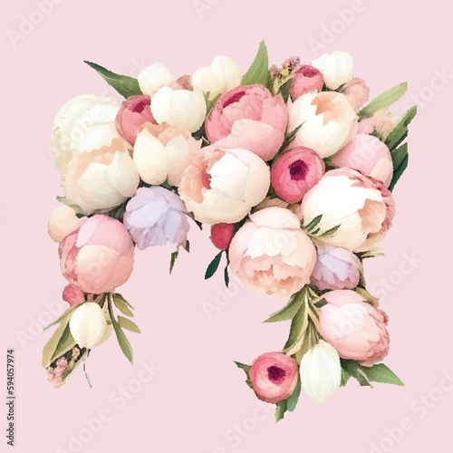 Greenery, pink and white peony, rose flowers vector design round invitation frame. Rustic wedding greenery. Mint, green tones. Watercolor save the date card. Summer rustic style. Isolated and editable