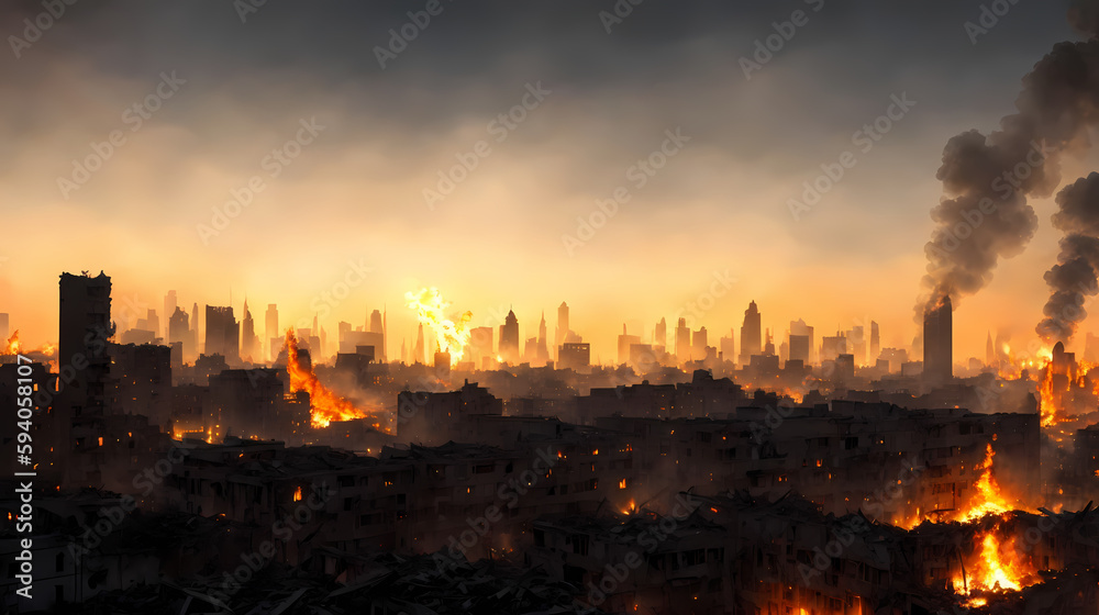 Generative AI ilustration of  burning city panorama