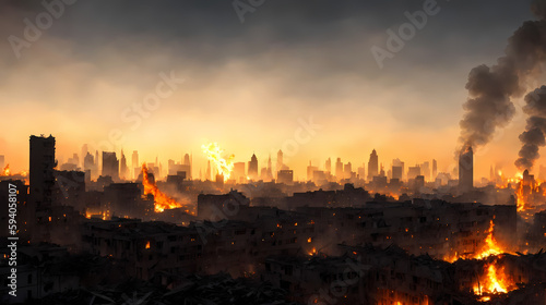 Generative AI ilustration of  burning city panorama © SJG - digital