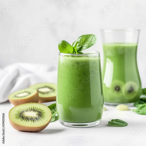 Freshly made kiwi and spinach smoothie in a clear glass.